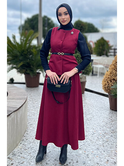 Julude Kadın Kemer Ve Broş Detaylı Yelek Etek Tesettür İkili Takım - S000361260-19951