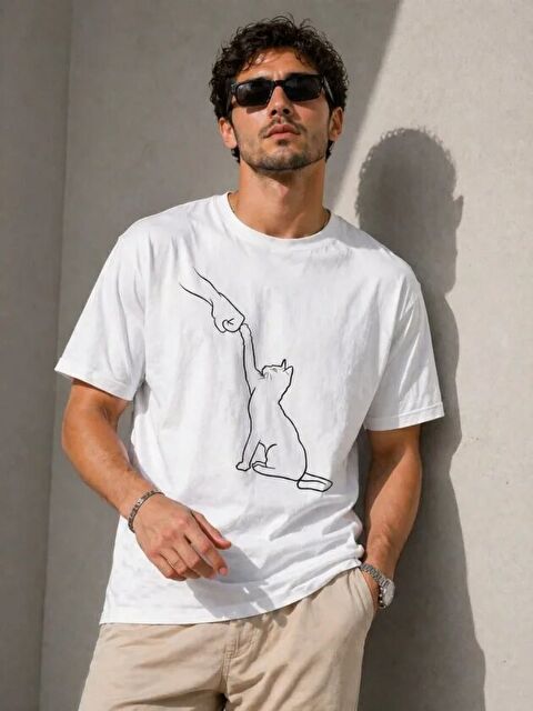 Jane's Erkek Minimal Kedi Çizim Baskılı Tişört Kısa Kol Yazlık T-Shirt - Beyaz