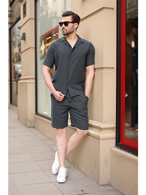 Madmext Füme %100 Pamuklu Erkek Şort Gömlek Takım E7361