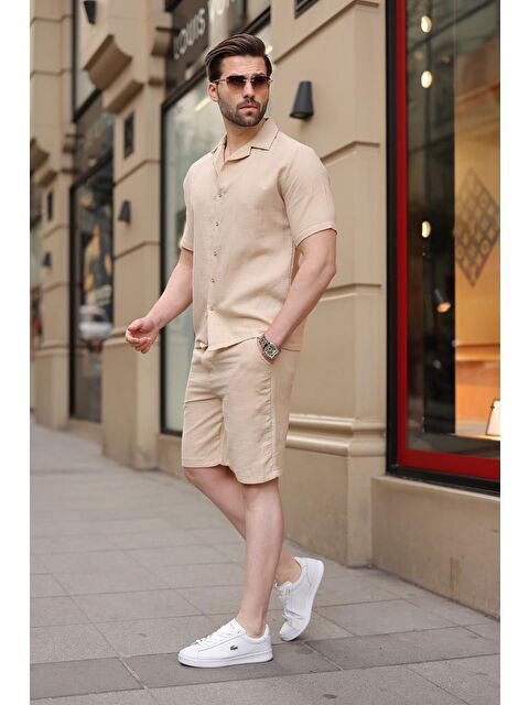 Madmext Bej %100 Pamuklu Erkek Şort Gömlek Takım E7361