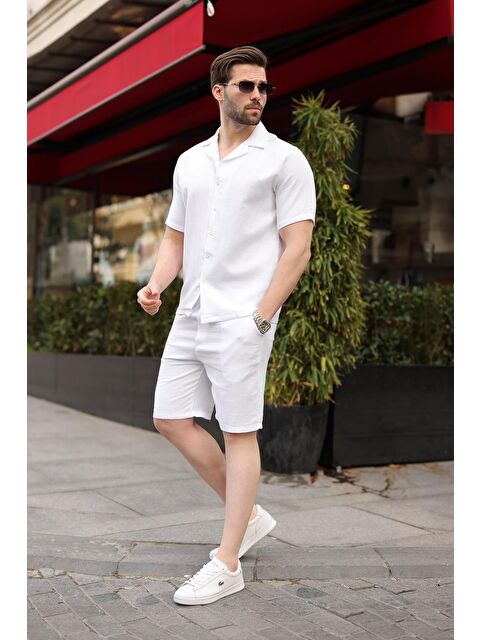 Madmext Beyaz %100 Pamuklu Erkek Şort Gömlek Takım E7361