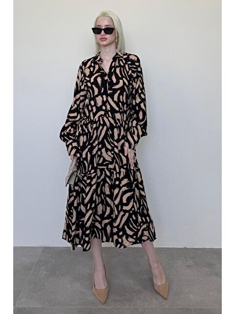 Madmext Bej Uzun Kollu Düğmeli Desenli Elbise Mg2431 - S000384912-19928