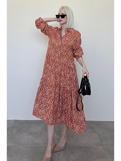 Madmext Turuncu Uzun Kollu Düğmeli Desenli Elbise Mg2431 - S000384912-20013