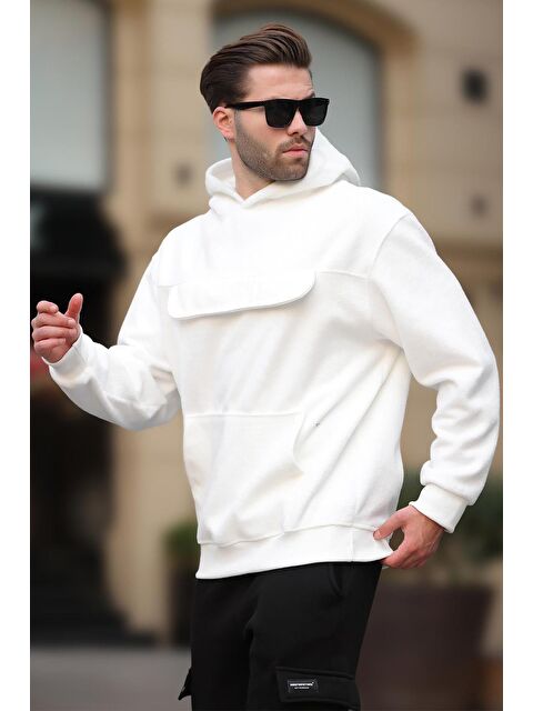 Madmext Ekru Kapüşonlu Kapaklı Cep Detaylı Polar  Erkek Hoodie 7097 - S000275952-19965