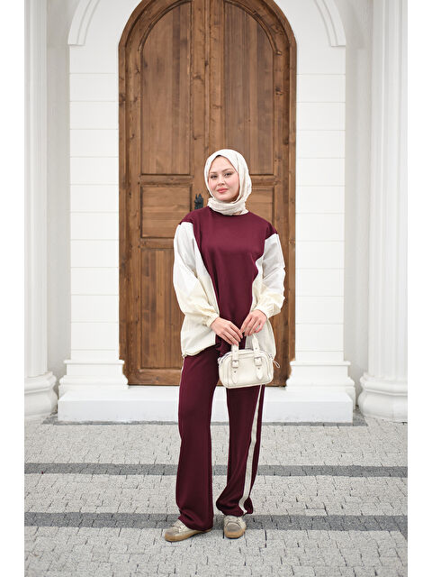 Locco Moda Kadın Çift Garni Detaylı Takım Bordo