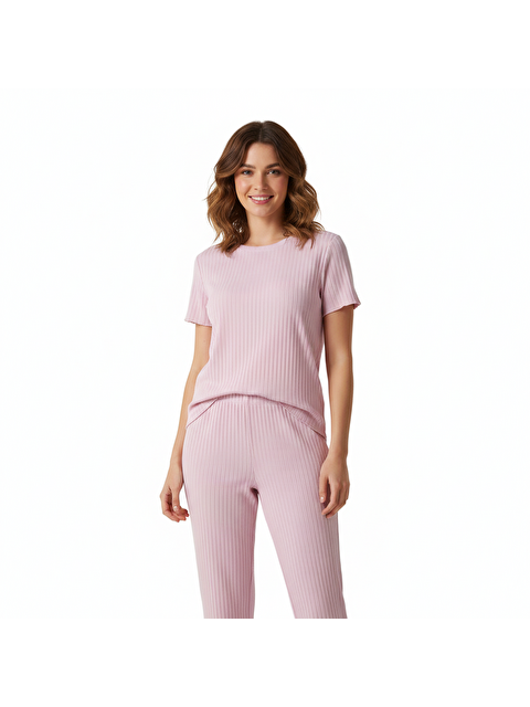 Bonbon Kadın Pembe Renk Kısa Kollu Pijamalı Ve Şortlu 3'Lü Pamuklu Takım Bb2335