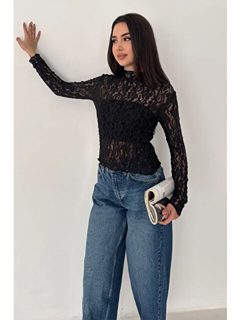 carla10 Kadın Transparan Çiçek Desenli Dantel Bluz - S000499094-19351