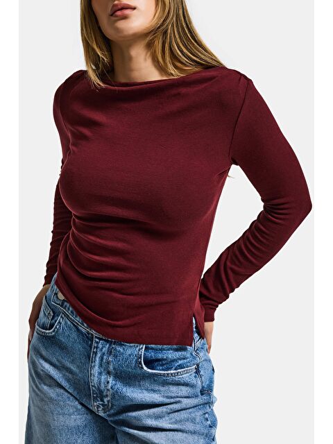 It's Basic Kadın Bordo w5 %100 Pamuk Asimetrik Kesim Esnek Bluz Body - S000527567-19951