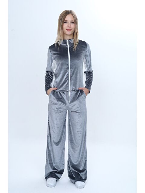 Toontoykids Kız Çocuk 2'li Takım Fermuarlı Cepli Sweatshirt & Beli Lastikli Bol Paça Cepli Eşofman Alt - S000497564-74