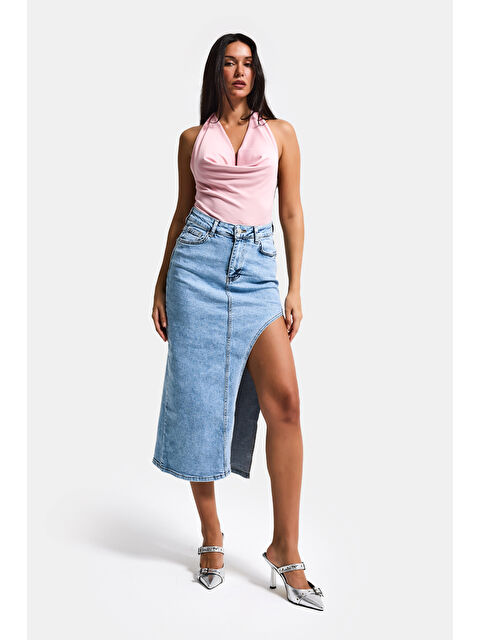 It's Basic Kadın Jean Rengi 3s6-3 Maxi Yandan Yırtmaç Detaylı Tasarım Elastanlı Kumaş Denim Etek - S000530784-17234