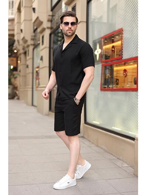 Madmext Siyah %100 Pamuklu Erkek Şort Gömlek Takım E7361