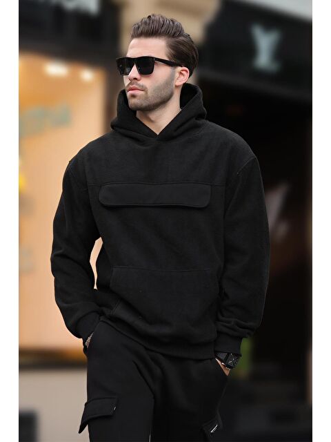 Madmext Siyah Kapüşonlu Kapaklı Cep Detaylı Polar  Erkek Hoodie 7097 - S000275952-19351