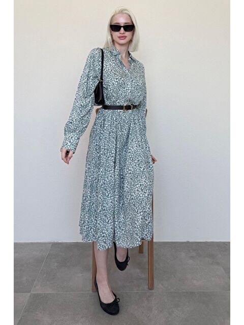 Madmext Mint Yeşili Uzun Kollu Düğmeli Desenli Elbise Mg2431 - S000384912-17259