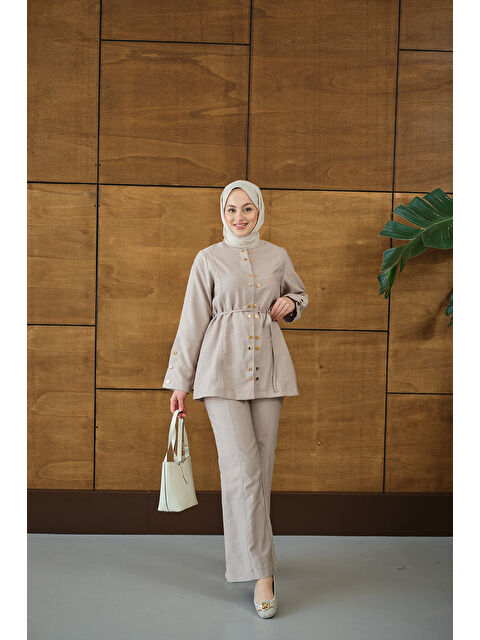 Locco Moda Kadın Gold Çıt Çıt Detay Takım Krem - S000492434-19966