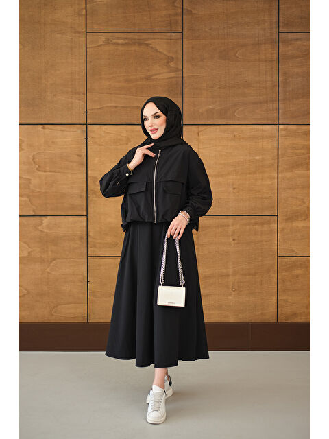 Locco Moda Kadın Çift Cep Görünümlü Fermuarlı Etekli Takım Siyah - S000530199-19351