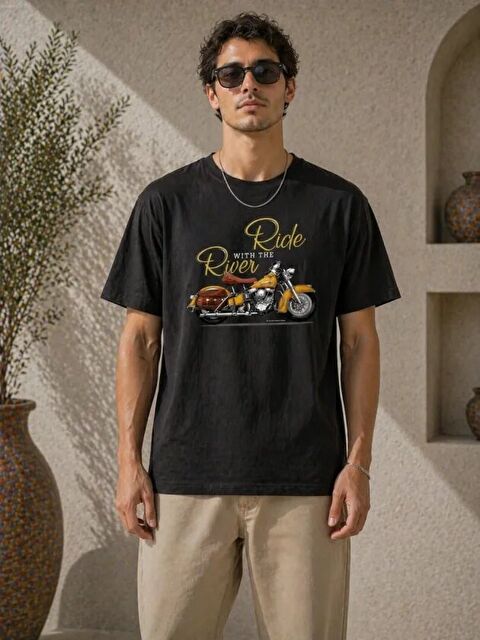 Jane's Erkek Motosiklet Baskılı Tişört Bisiklet Yaka Kısa Kol Yazlık T-Shirt - Siyah