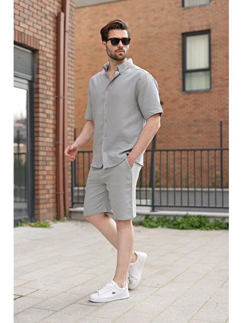 Madmext Boyalı Gri Basic Erkek Şort Gömlek Takım E7321