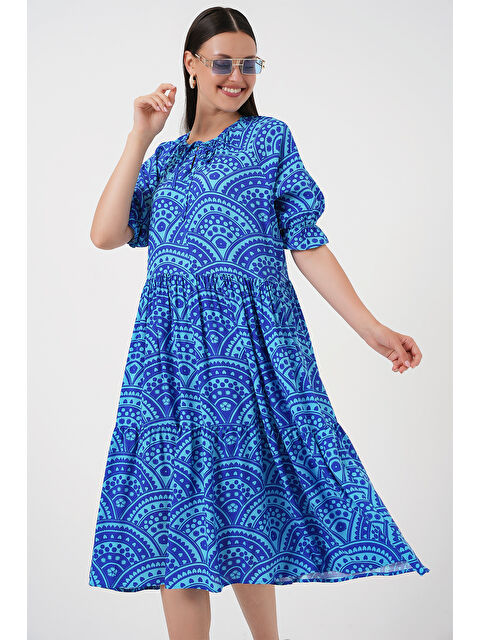 Bigdart Kadın Kısa Kol Desenli Elbise 2553 - Saks - S000389336-23710