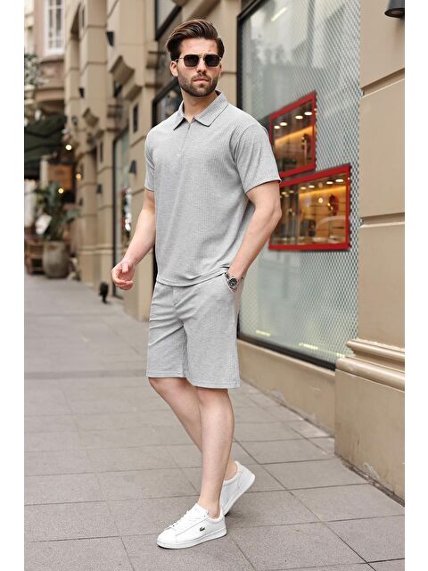 Madmext Gri Polo Yaka T-Shirt Şort Takım E7363