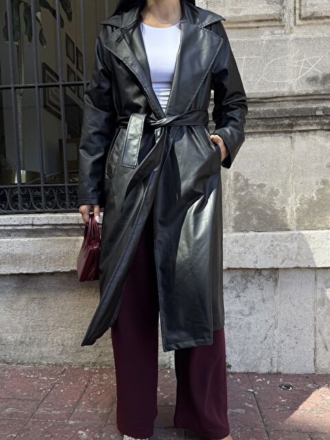 carla10 Kuşaklı Uzun Deri Pardösü - S000440286-19351