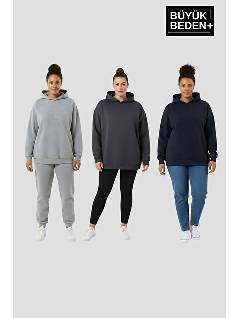 Süperlife Kadın Büyük Beden 3 lü Set Kollar Ve Etek Ribanalı ince Kapüşonlu Swatshırt SPR26BSWK957+3 - S000497566-37655