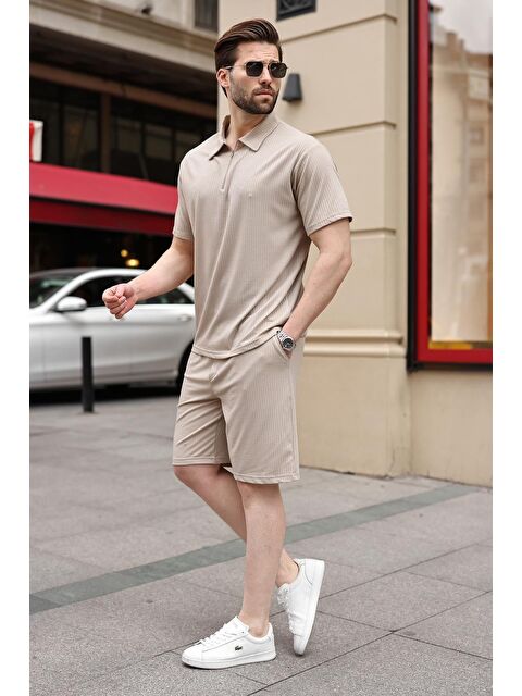 Madmext Bej Polo Yaka T-Shirt Şort Takım E7363