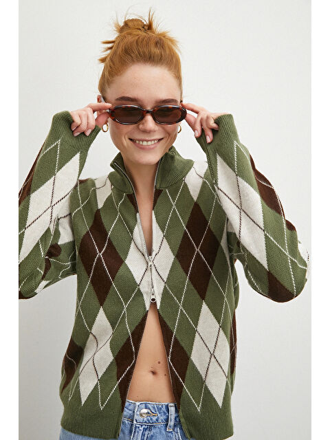 Never More Fermuarlı Baklava Desen Kazak Yeşil - S000490884-18194