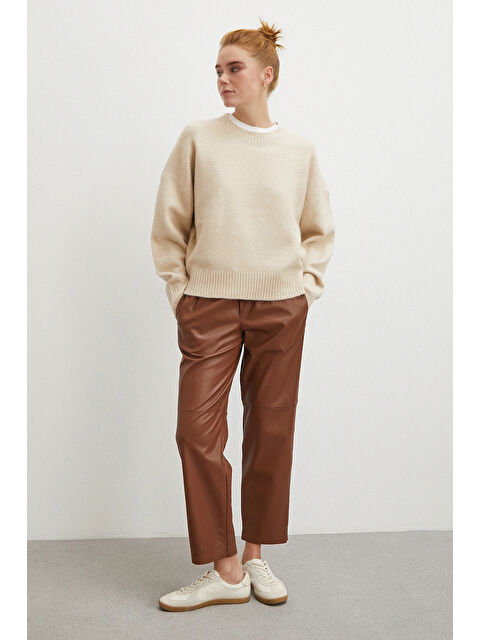 Never More Bağcıklı Deri Pantolon Kahve - S000490885-23173