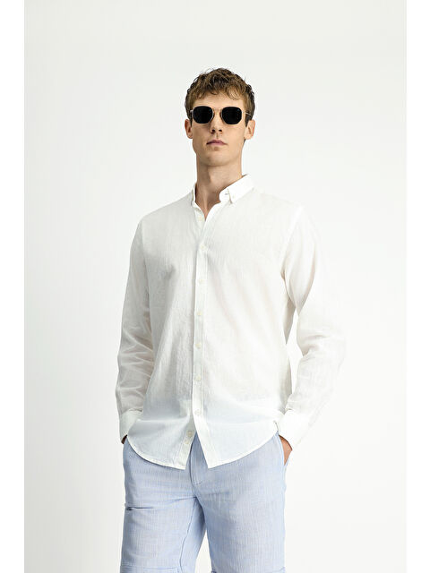 Kiğılı Uzun Kol Regular Fit Düğmeli Yaka Pamuklu Keten Gömlek