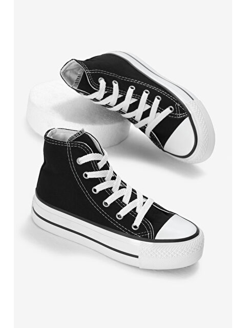 TONNY BLACK Çocuk Unisex Siyah Termo Kalın Taban Bağcıklı Uzun Keten Spor Ayakkabı - S000493804-19351