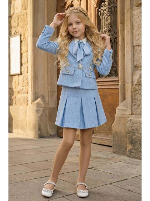Riccotarz Kız Çocuk Yakası Fular Detaylı Gömlek, Çizik ve İnci Taş Düğmeli Şanel Mavi Etekli Takım - S000513742-17234