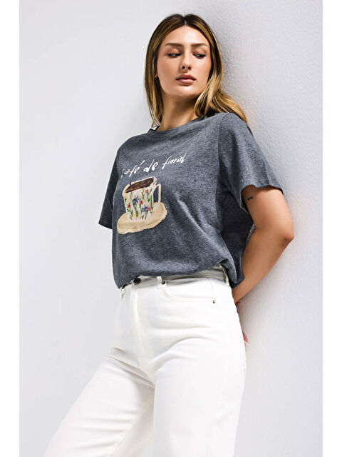 It's Basic Kadın Gri w5 Oversize Özel Baskılı Tasarım T-Shirt - S000527578-20600