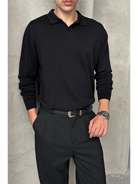 HYMAN Erkek Pamuklu Polo Yaka Oversize Triko Kazak - S000515523-19351