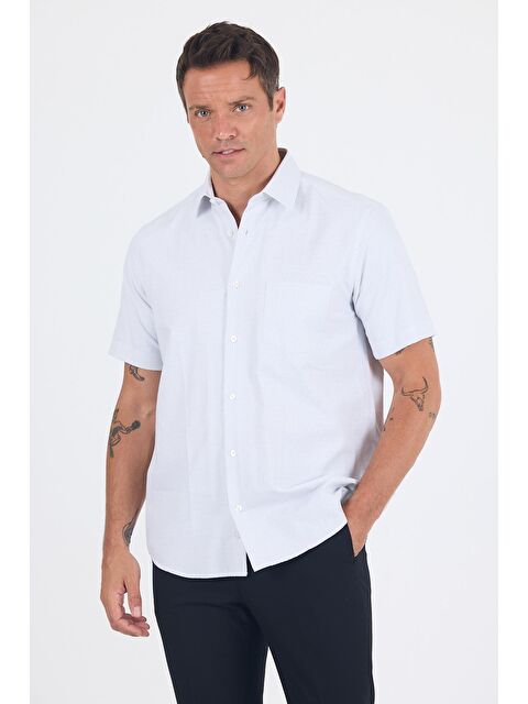İMZA Beyaz-Mavi Sert  Yaka Kısa Kol Cepli  Comfort Fit Cls Gömlek 1004250260 - S000505408-17219