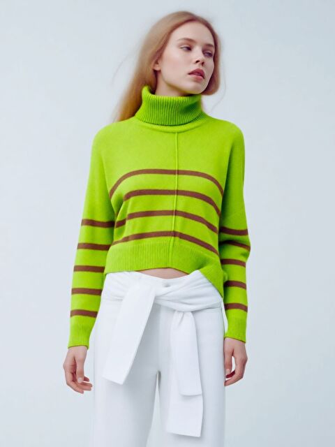 Trendseninle Kadın Fıstık Yeşili Boğazlı Vizon Çizgili Önü Biyeli Triko Kazak - S000497568-19972