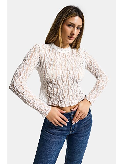 It's Basic Kadın Ekru Transparan Crop Bluz - S000527582-19965