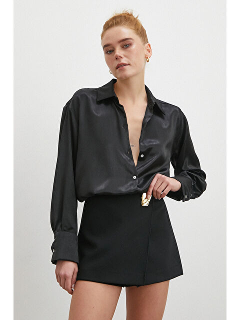 Never More Klasik Saten Gömlek Siyah - S000490887-19351