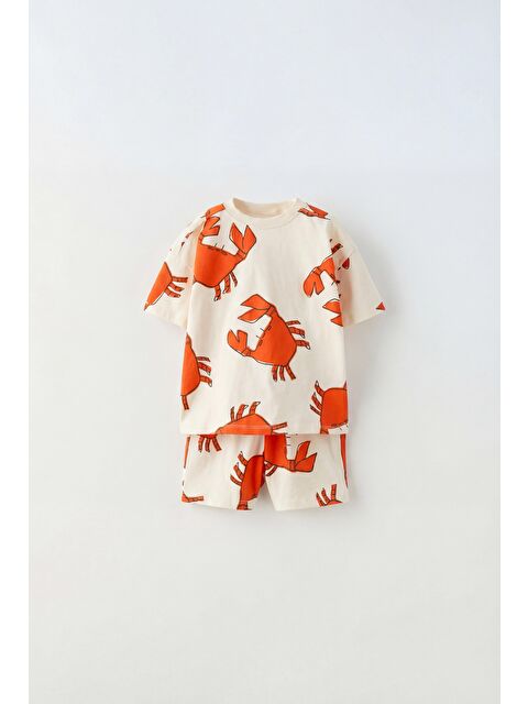 Magu Erkek Çocuk Pamuklu Ekru Yengeç Desenli T-Shirt Şort Takım - S000518887-23173