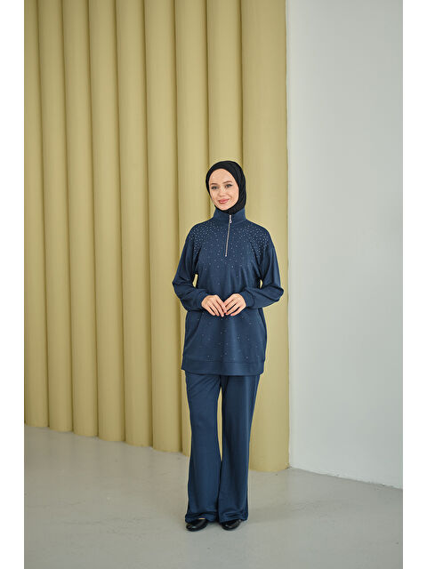 Locco Moda Kadın Yarım Fermuarlı Taşlı Takım Lacivert - S000492426-21164