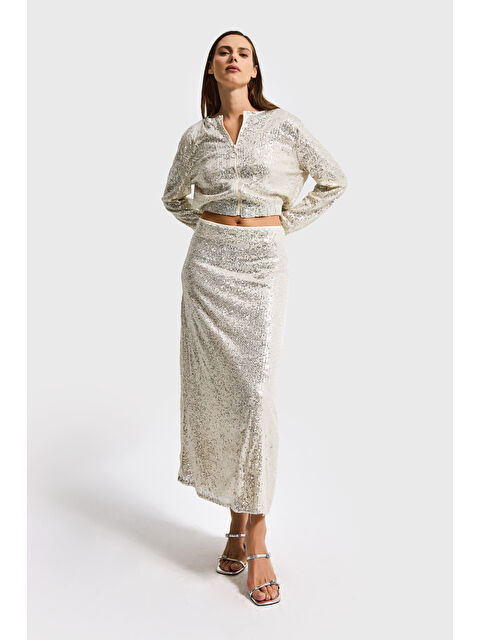 It's Basic Kadın Ekru Renk Maxi Boy Pul Payetli Tasarım Etek - S000497571-19965