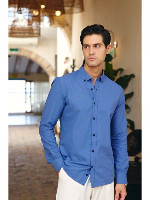 Livio Ferri Turi Erkek Pamuk Gömlek Modern Slim Fit Keten Görünümlü Uzun Kol