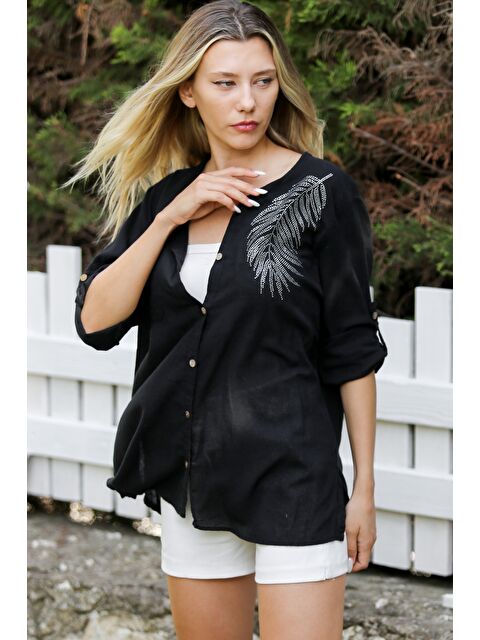 Chiccy Siyah Alttan Britli Yaka Düğmeli Uzun Kollu Pul Payet Aplikeli Dokuma Casual Gömlek - S000358988-19351