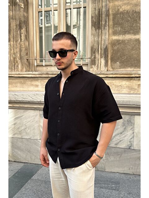 Livio Ferri Mingan Erkek Yazlık Pamuk Gömlek Hakim Yaka kısa kol Düğmeli Rahat Kalıp