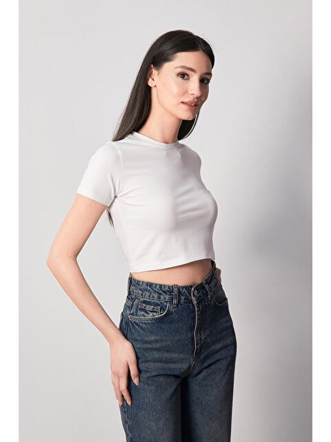 Fullamoda Basic Bisiklet Yaka Crop Tişört - S000341859-20063