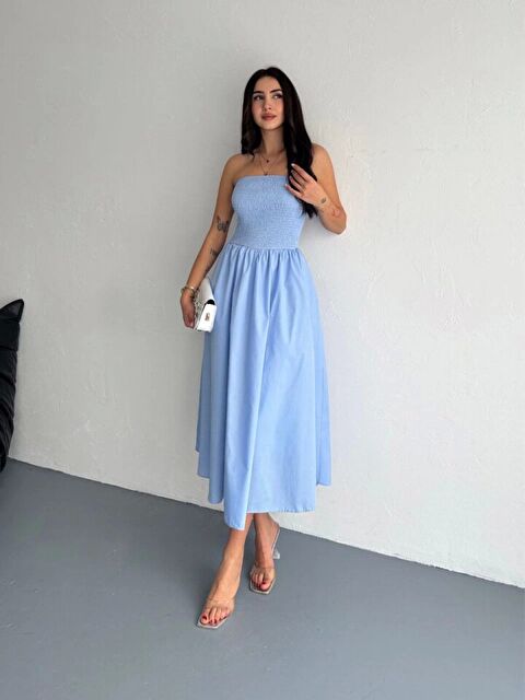 Jane's Straplez Pileli Elbise - Açık Mavi - S000527587-17437