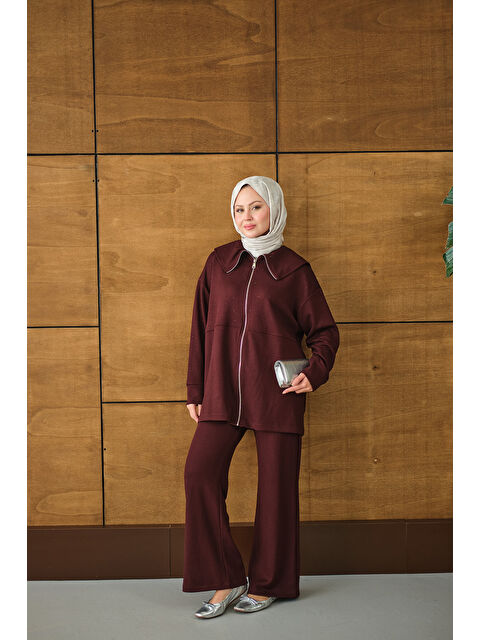 Locco Moda Kadın Gemici Yaka Taşlı Takım Bordo - S000492433-19951