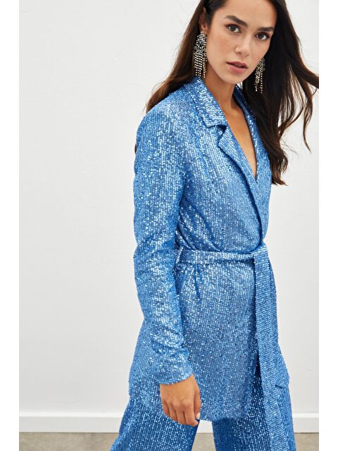 SATEEN Kuşaklı Payet Ceket - İndigo - S000323600-23093