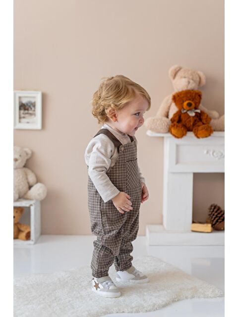 MİNİNİO Erkek Bebek Ekose Desen Salopet Ve T-Shirt Takım - Kahve - S000439586-19413