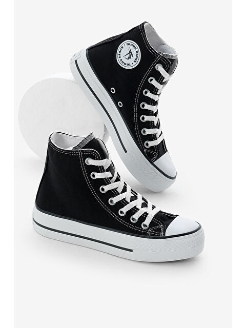 TONNY BLACK Kadın Siyah Termo Kalın Taban Bağcıklı Uzun Keten Spor Ayakkabı - S000493809-19351