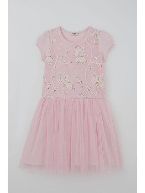 Breeze Kız Çocuk Elbise Pullu Kelebek İşlemeli Tülü Çiçek Detaylı Pembe (6-12 Yaş)